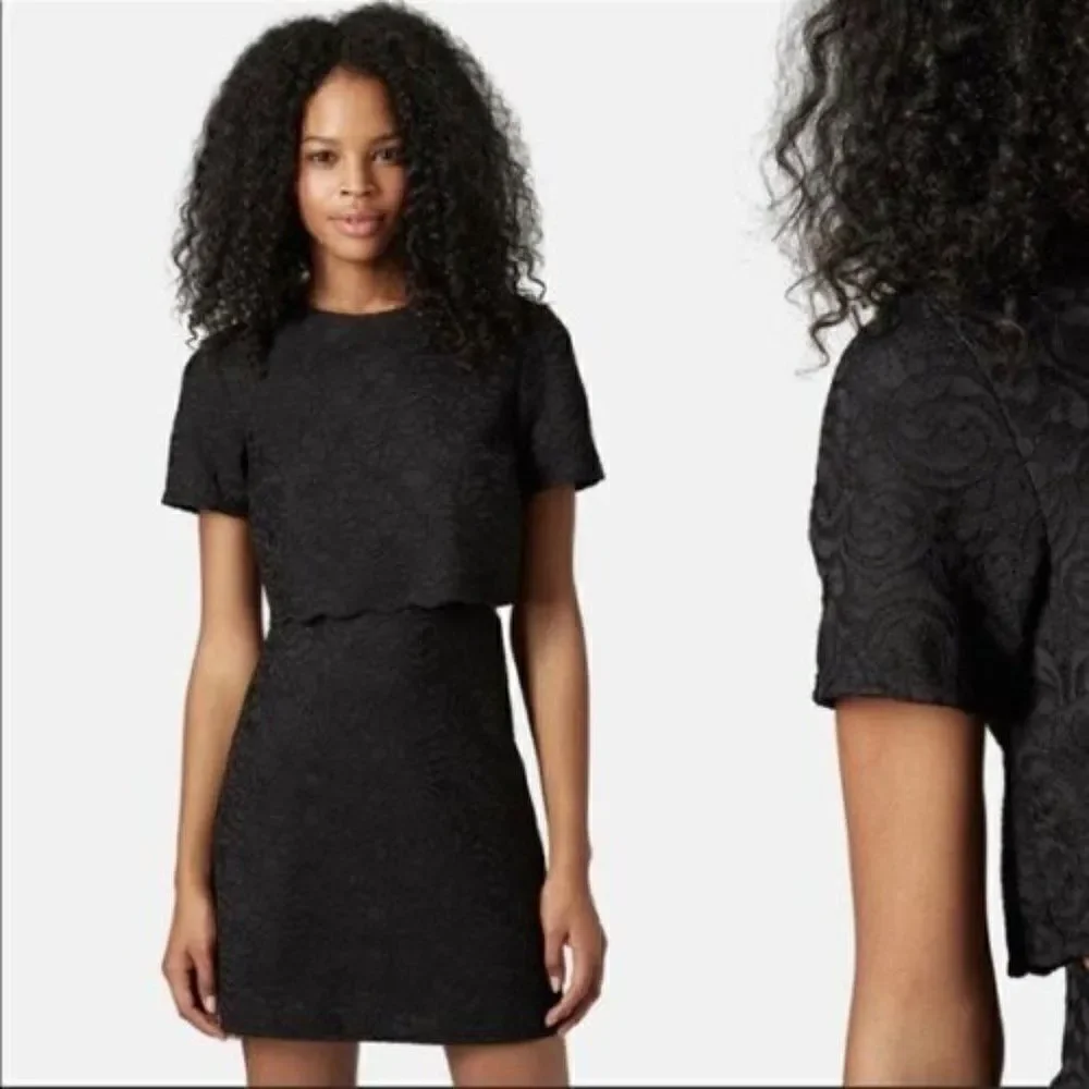 TOPSHOP‎ Black Lace Faux Two Piece Dress With Side Openings 8